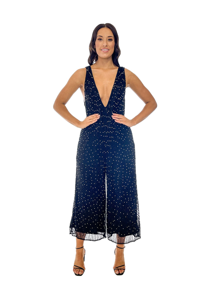 Black and White Pearl Beaded Jumpsuit Boutique Dress Hire Perth