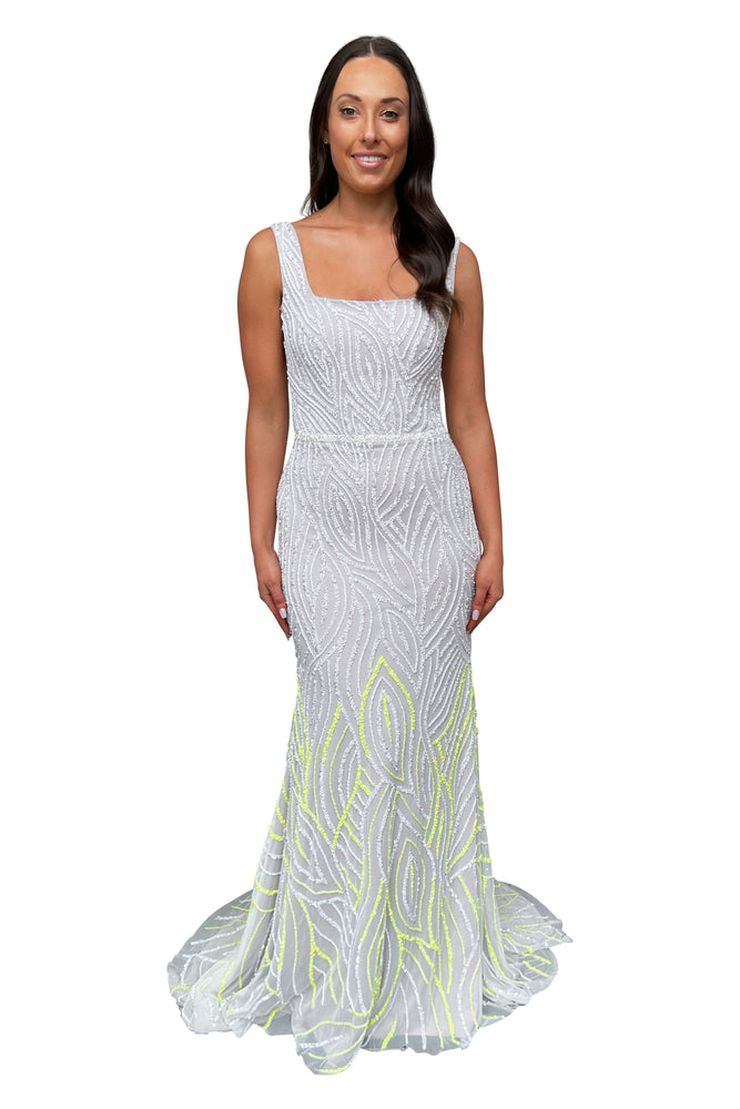 White Sequin Beaded Formal Gown - Queen Status Dress Hire Perth White Sequin Beaded Formal Gown - Queen Status Dress Hire Perth