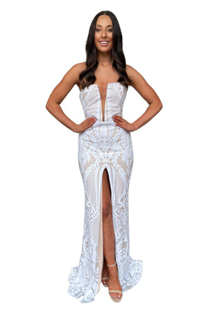 White Sequin Beaded Formal Gown - Queen Status Dress Hire Perth White Sequin Beaded Formal Gown - Queen Status Dress Hire Perth